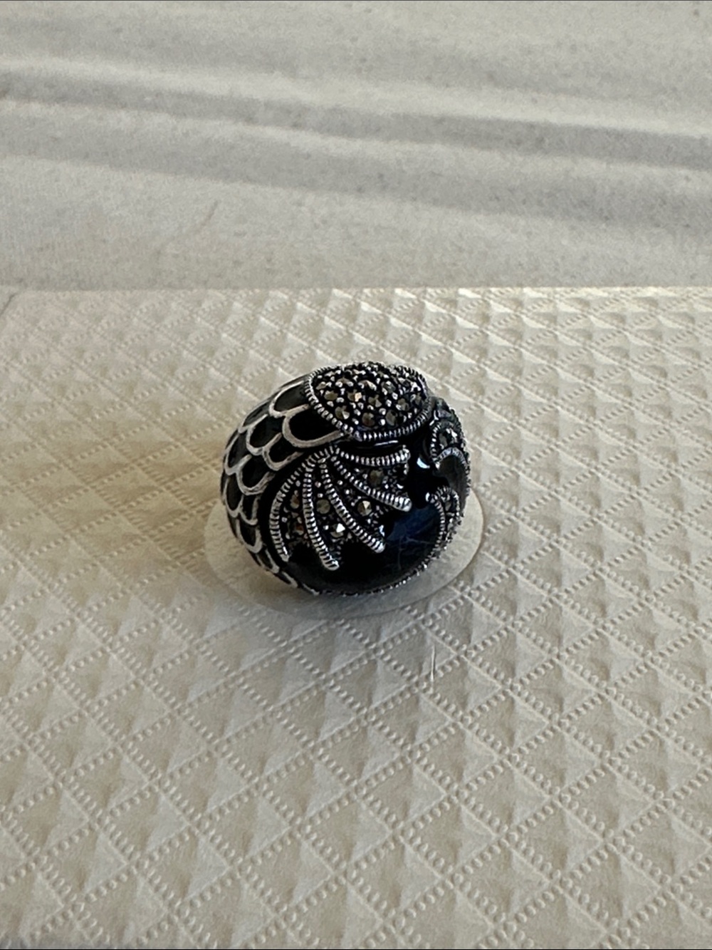 Marcasite Black Enamel Sterling Silver Dome Ring